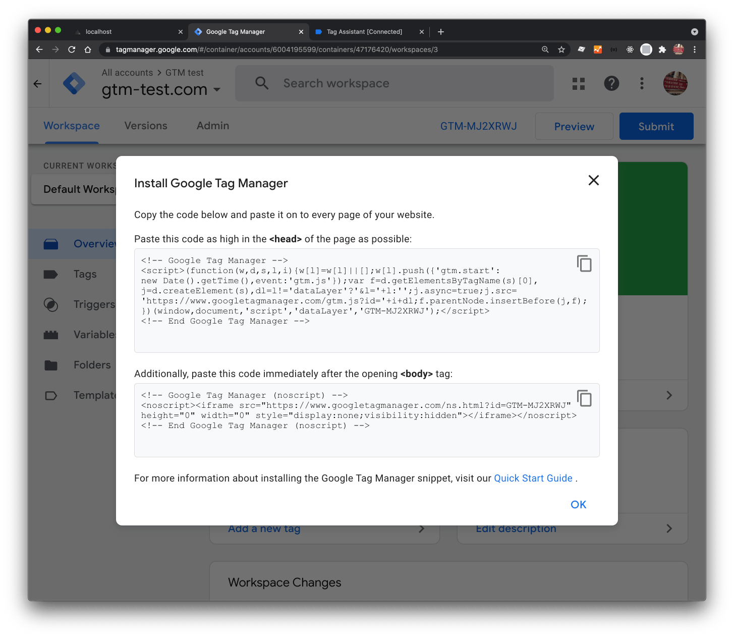 Modal displayed by GTM after creating an account, it contains the scripts I mentioned in this article