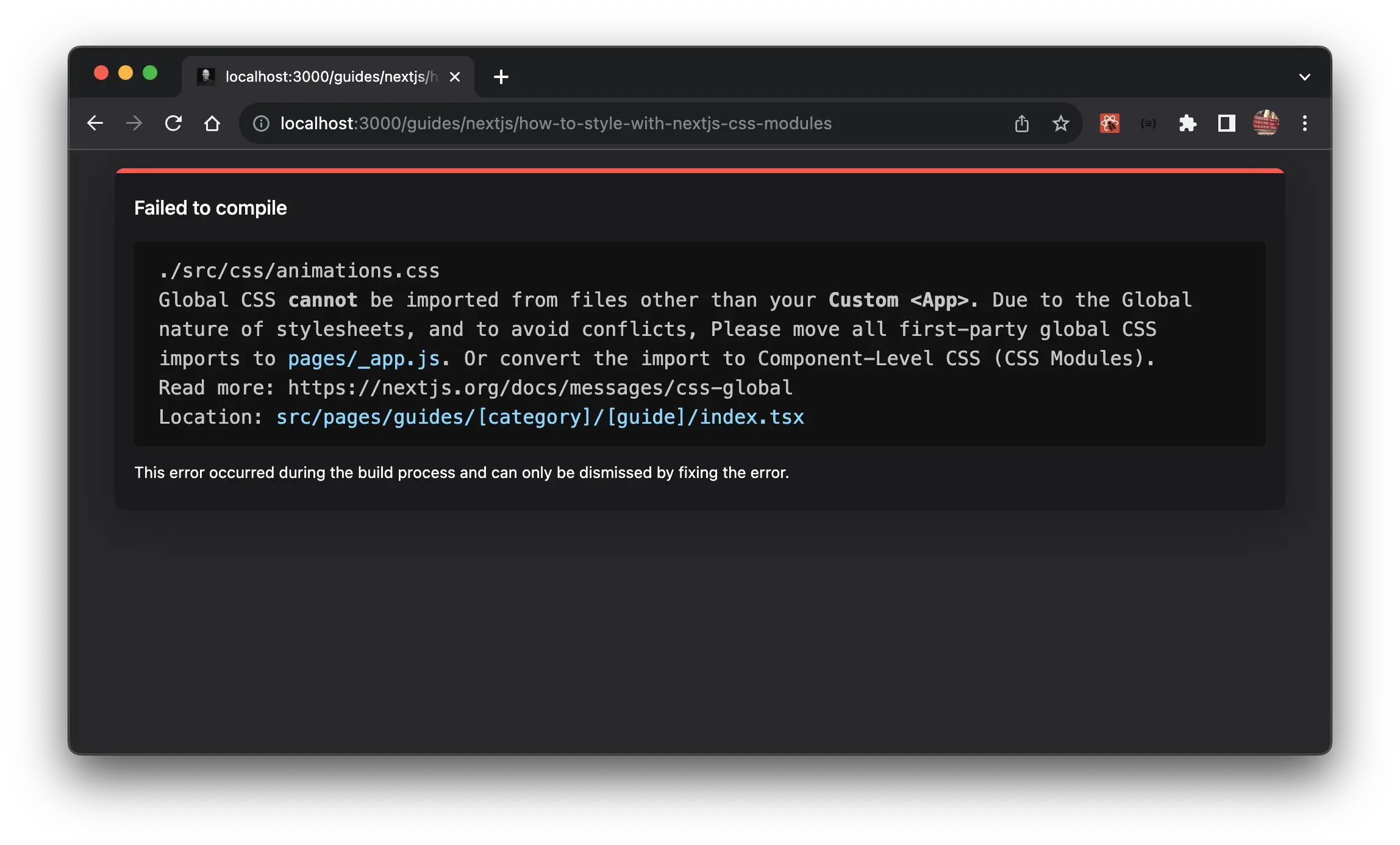 Global CSS cannot be imported from files other than your Custom <App>. Due to the Global nature of stylesheets, and to avoid conflicts, Please move all first-party global CSS imports to pages/_app.js. Or convert the import to Component-Level CSS (CSS Modules).