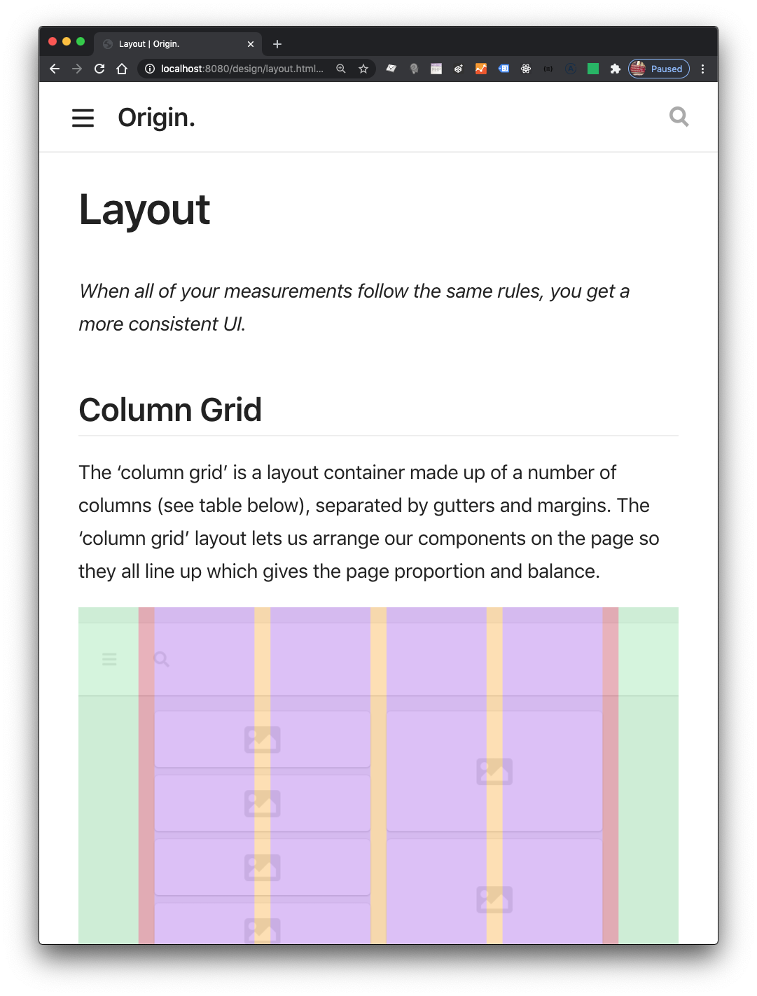 Detail of the Column Grid sub-section from Origin's Layout System