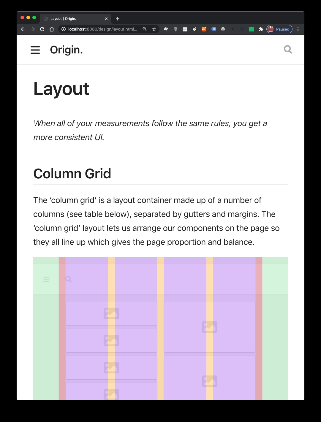 Detail of the Column Grid sub-section from Origin's Layout System