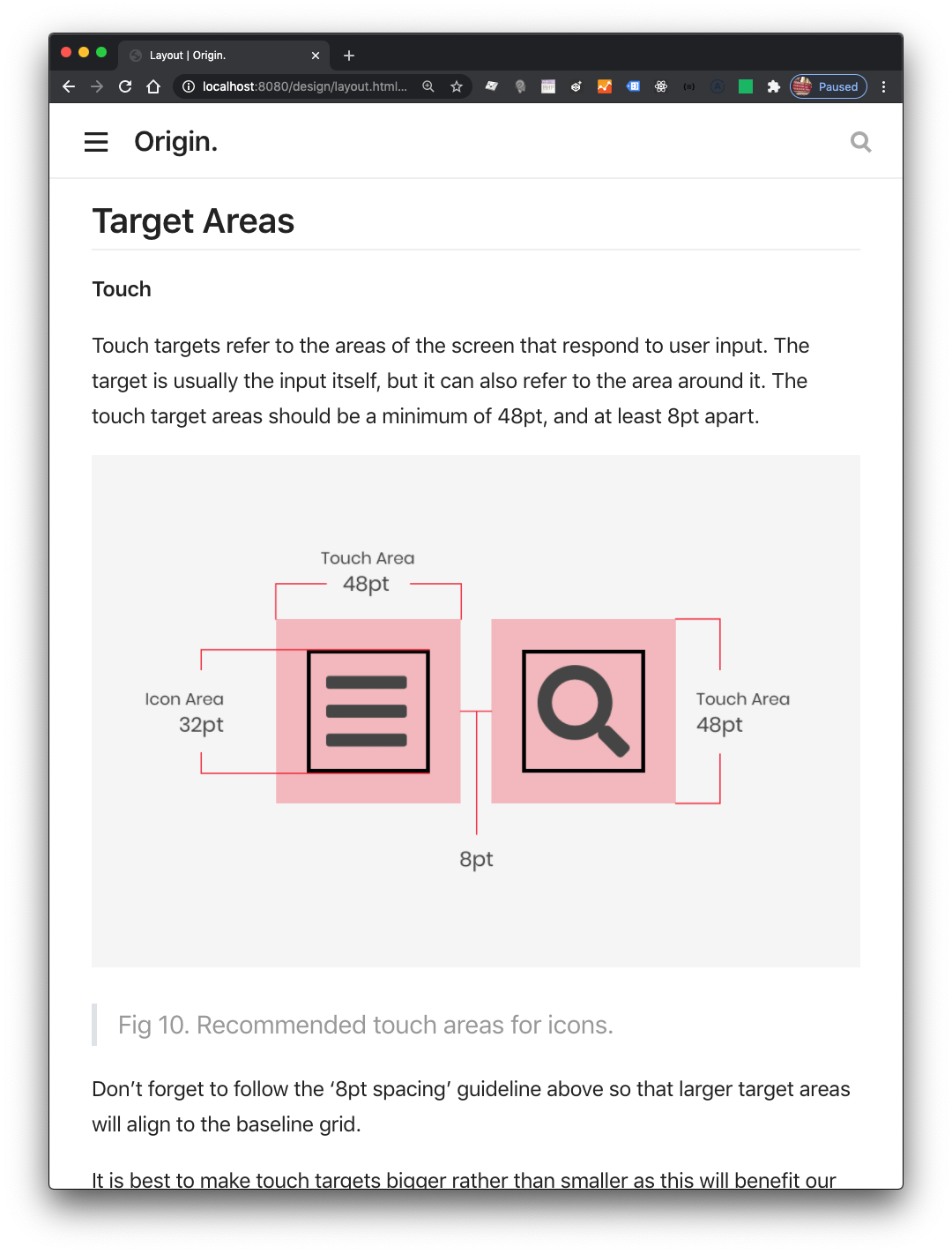 Detail of the Target Areas sub-section from Origin's Mobile-First Design section
