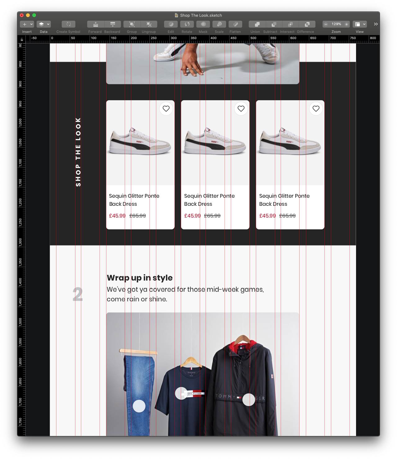 Screen shot taken from sketch of a "Shop The Look" app layout for tablet, the Column Grid layout overlay is visible.